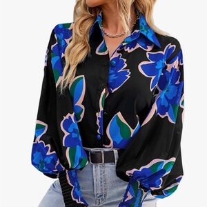 Black Floral Button-Down Blouse with Blue and Green Print